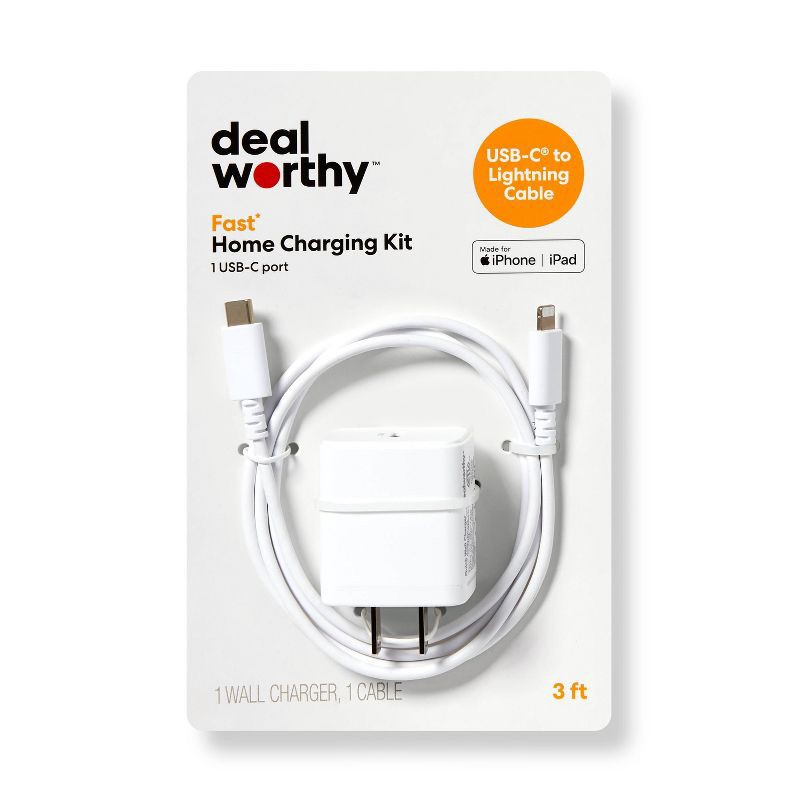 slide 1 of 4, Single Port 20W USB-C Home Charger with 3' Lightning to USB-C Cable - dealworthy™ White, 1 ct