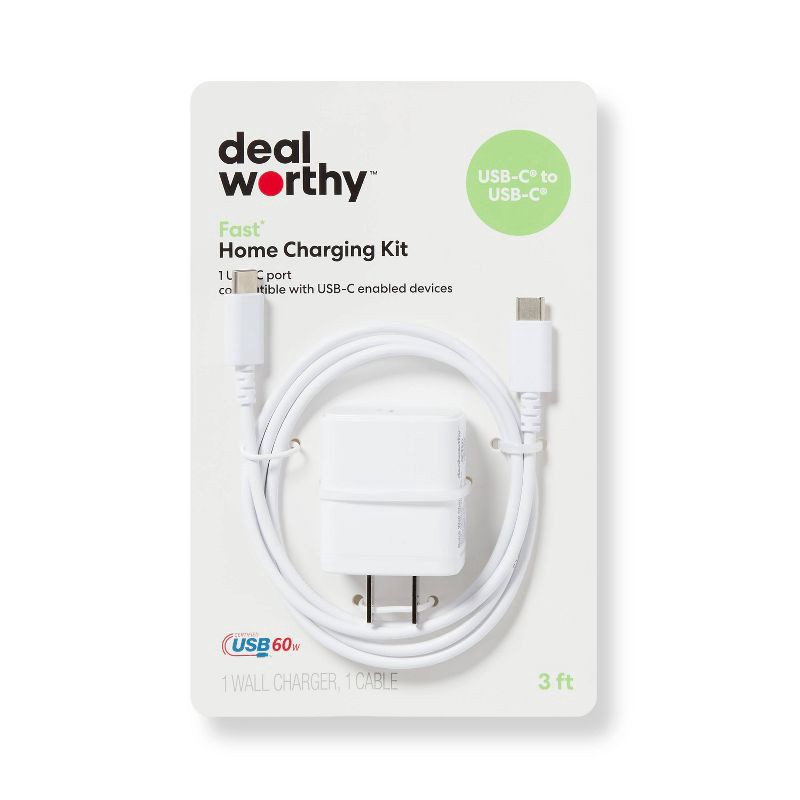 slide 1 of 4, Single Port 20W USB-C Home Charger with 3' USB-C to USB-C Cable - dealworthy™ White: Wall Adapter & Cable, 1 ct