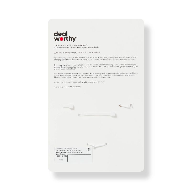slide 3 of 4, Single Port 20W USB-C Home Charger with 3' USB-C to USB-C Cable - dealworthy™ White: Wall Adapter & Cable, 1 ct