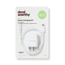 Single Port 20W USB-C Home Charger with 3' USB-C to USB-C Cable - dealworthy™ White: Wall Adapter & Cable