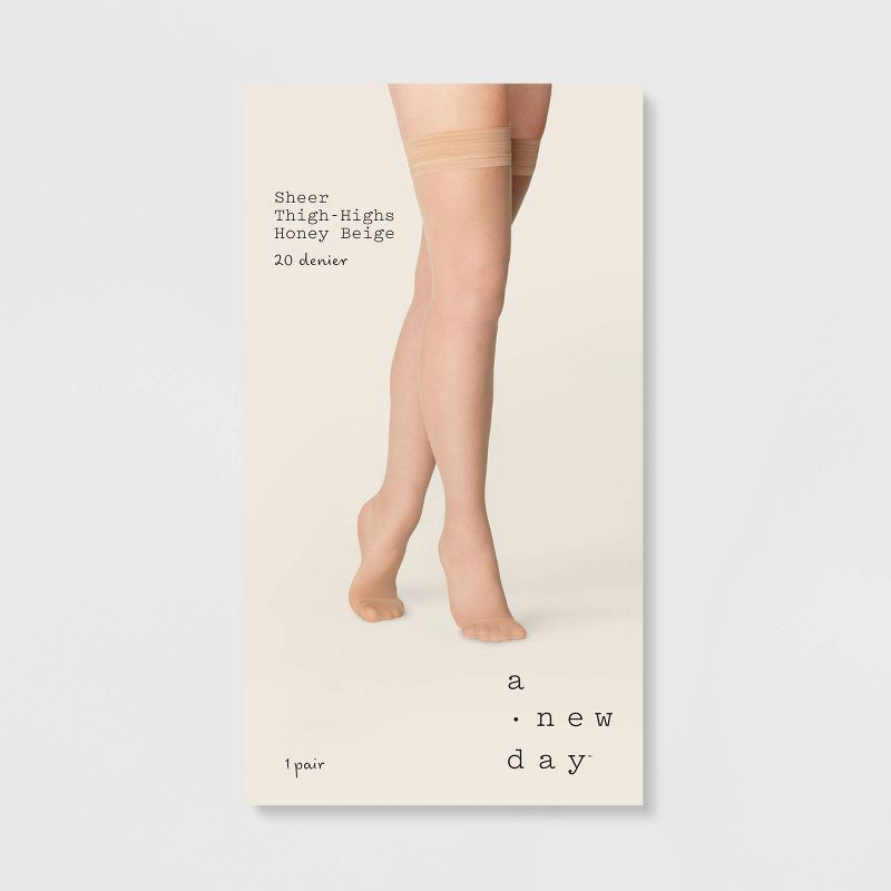 slide 2 of 2, Women's 20D Sheer Thigh Highs - A New Day™ Honey Beige M/L: Silicone Band, Tagless, Closed Toe, 1 ct