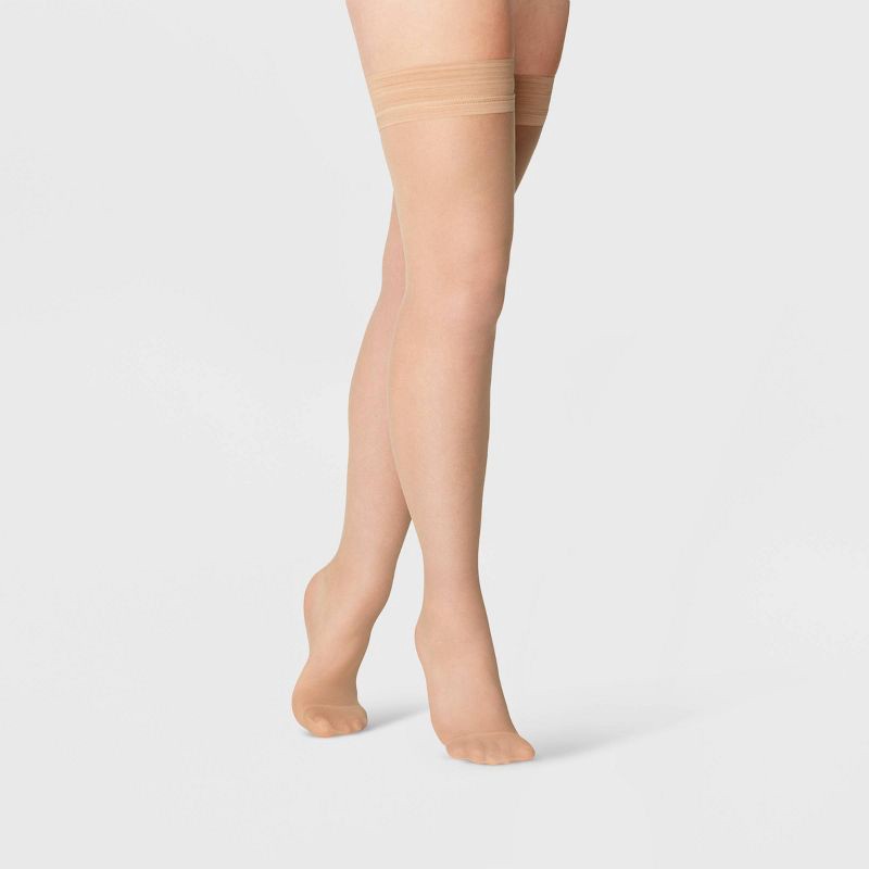 slide 1 of 2, Women's 20D Sheer Thigh Highs - A New Day™ Honey Beige M/L: Silicone Band, Tagless, Closed Toe, 1 ct