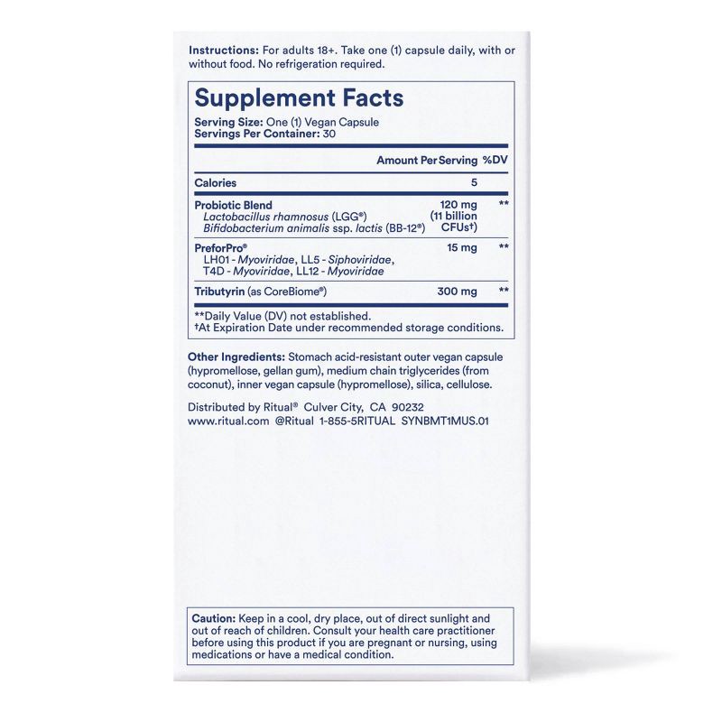 slide 9 of 11, Ritual Synbiotic+ - Probiotic, Prebiotic, Postbiotic, 3-in-1 Formula for Gut Health and Digestive Support Vegan Capsules - Mint Essenced - 30ct, 30 ct