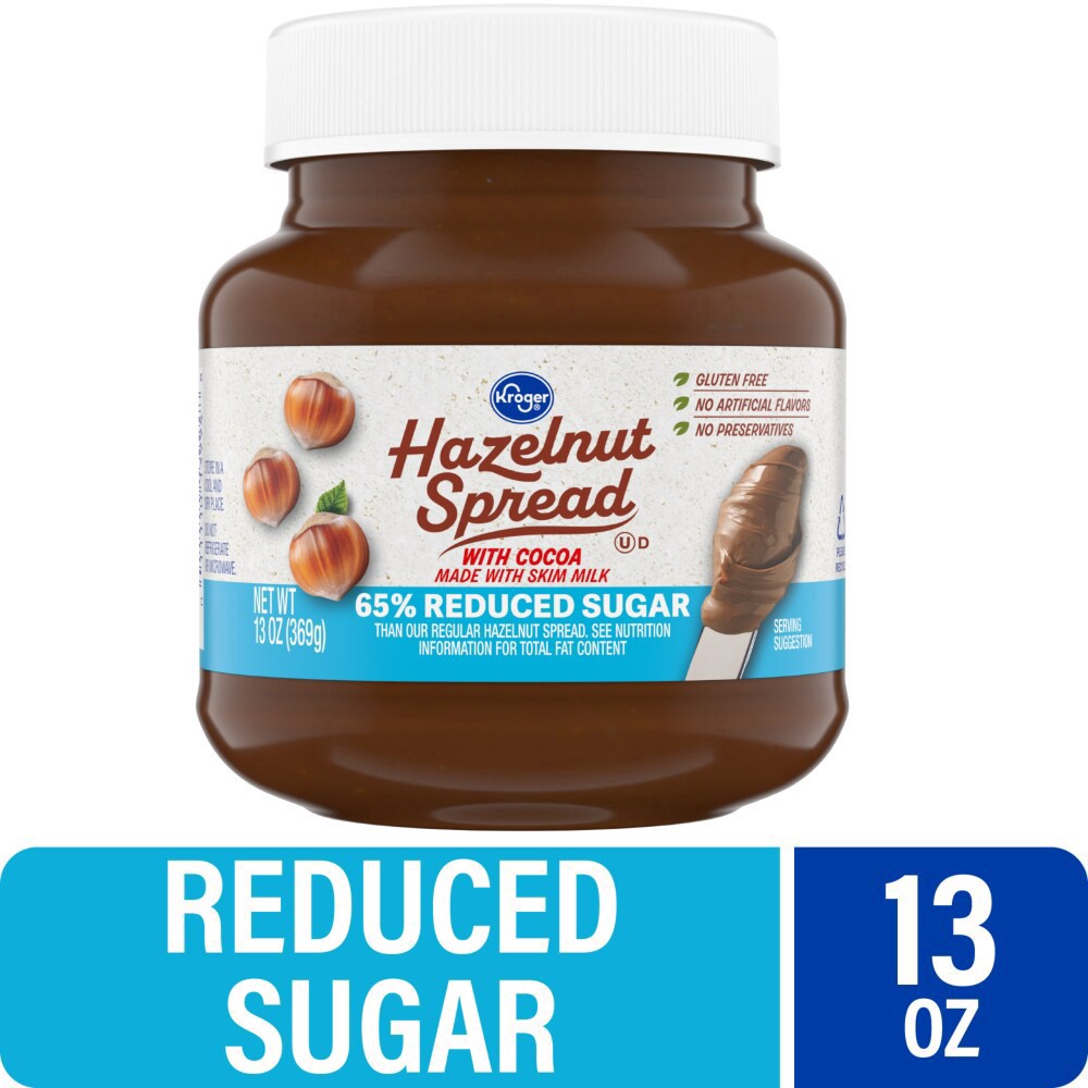 slide 1 of 4, Kroger Reduced Sugar Hazelnut Spread, 13 oz