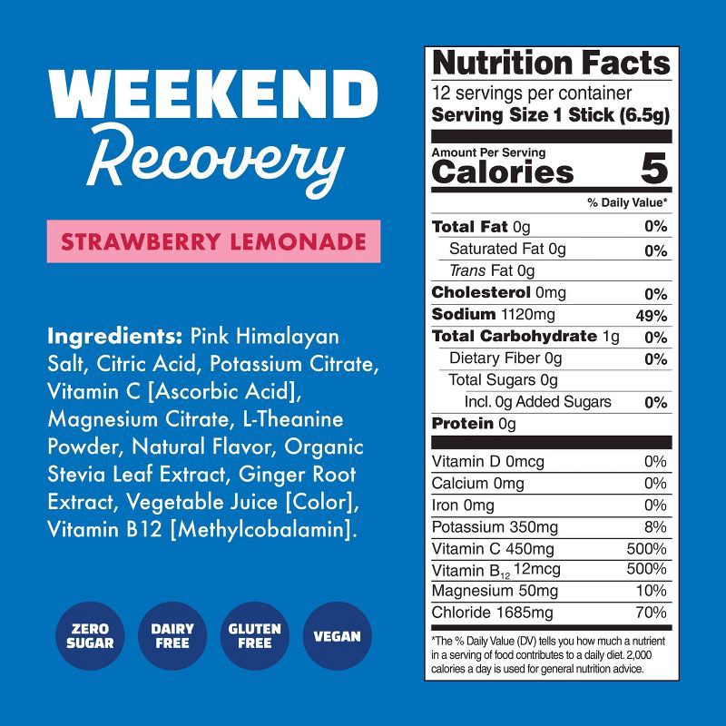 slide 6 of 8, Waterboy Hydration + Weekend Recovery Vegan Dietary Supplement Powder - Strawberry Lemonade - 2.75oz/12ct, 2.75 oz, 12 ct