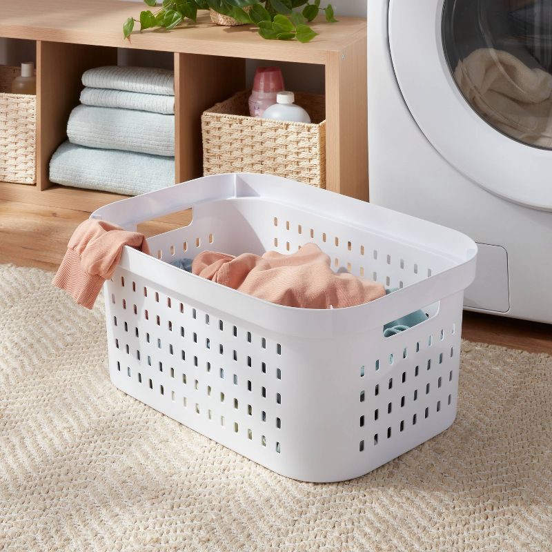 slide 2 of 7, 1.5bu Rectangle Modern Laundry Basket - Brightroom™: White Plastic Clothes Basket with Built-In Handles, Medium Size, 1 ct