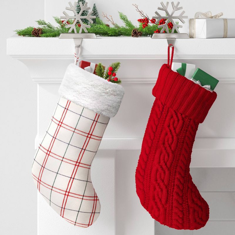 slide 2 of 3, 20" Woven Plaid Christmas Stocking with Faux Shearling Cuff Cream/Red - Wondershop™, 1 ct