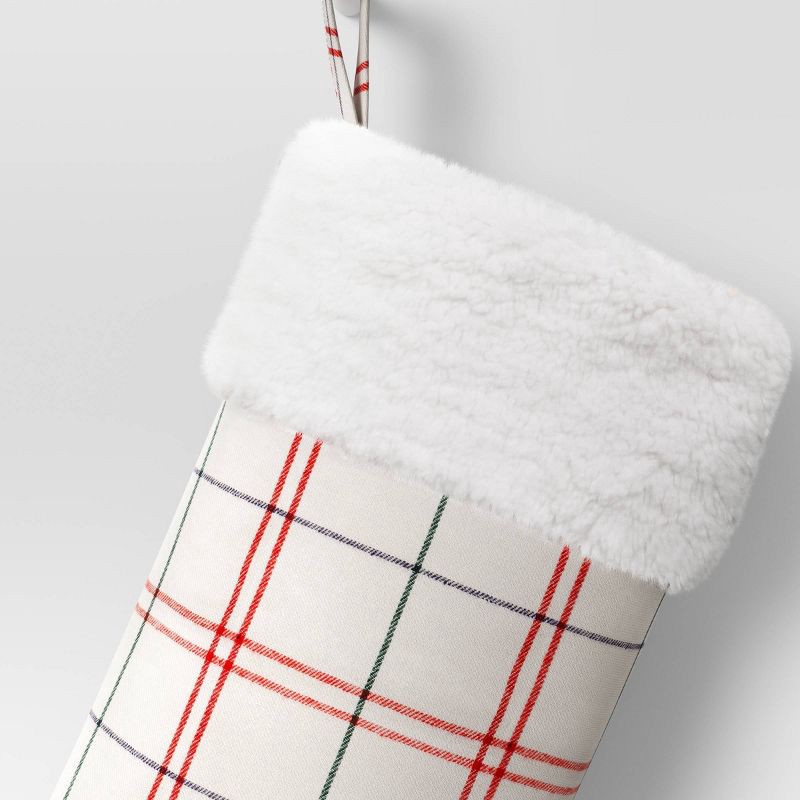 slide 3 of 3, 20" Woven Plaid Christmas Stocking with Faux Shearling Cuff Cream/Red - Wondershop™, 1 ct