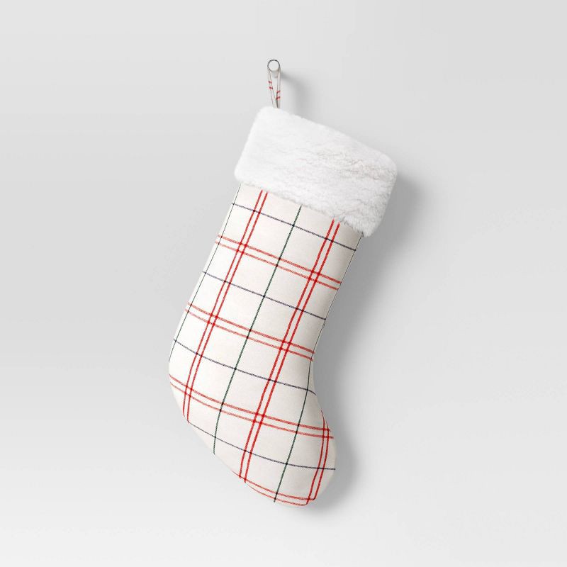 slide 1 of 3, 20" Woven Plaid Christmas Stocking with Faux Shearling Cuff Cream/Red - Wondershop™, 1 ct