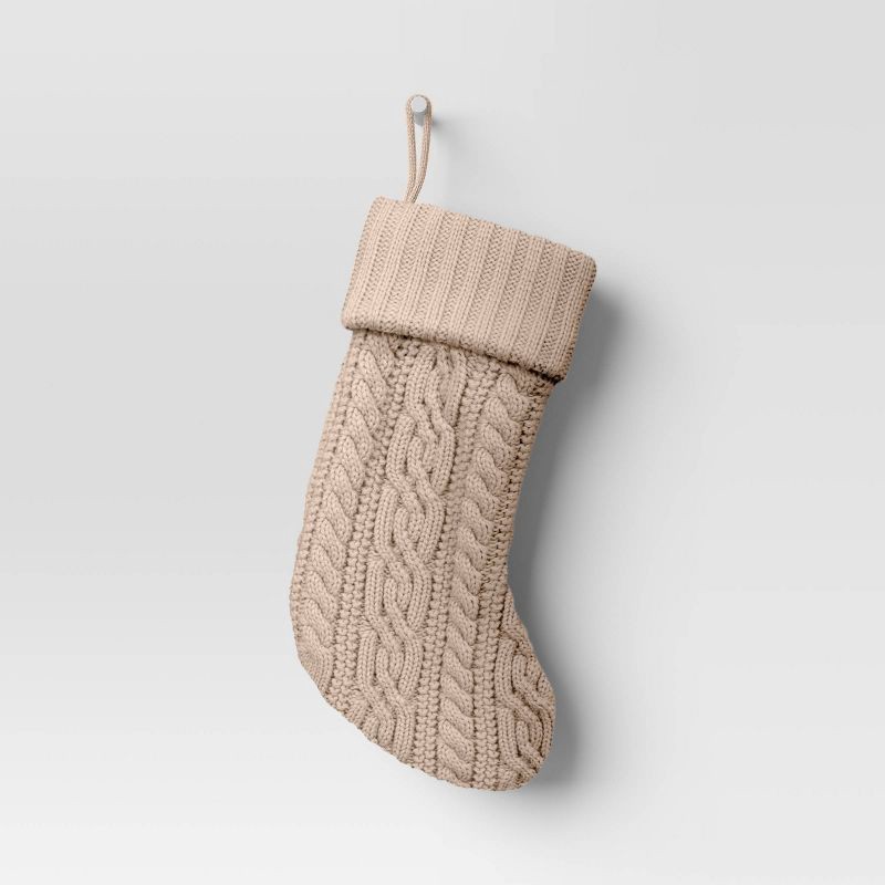 slide 1 of 3, 20" Cable Knit Christmas Stocking Khaki - Wondershop™: Acrylic, Classic Holiday Decor, Spot Clean, 9.5" Width, 1 ct