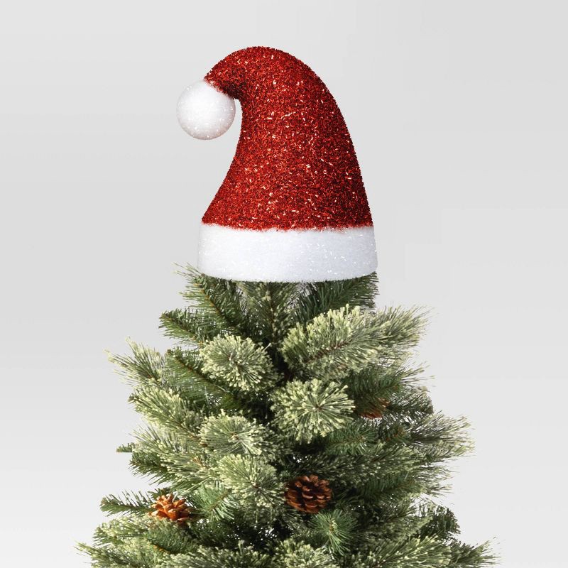 slide 1 of 3, 10" Tinsel Santa Hat Christmas Tree Topper Red/White - Wondershop™, 1 ct