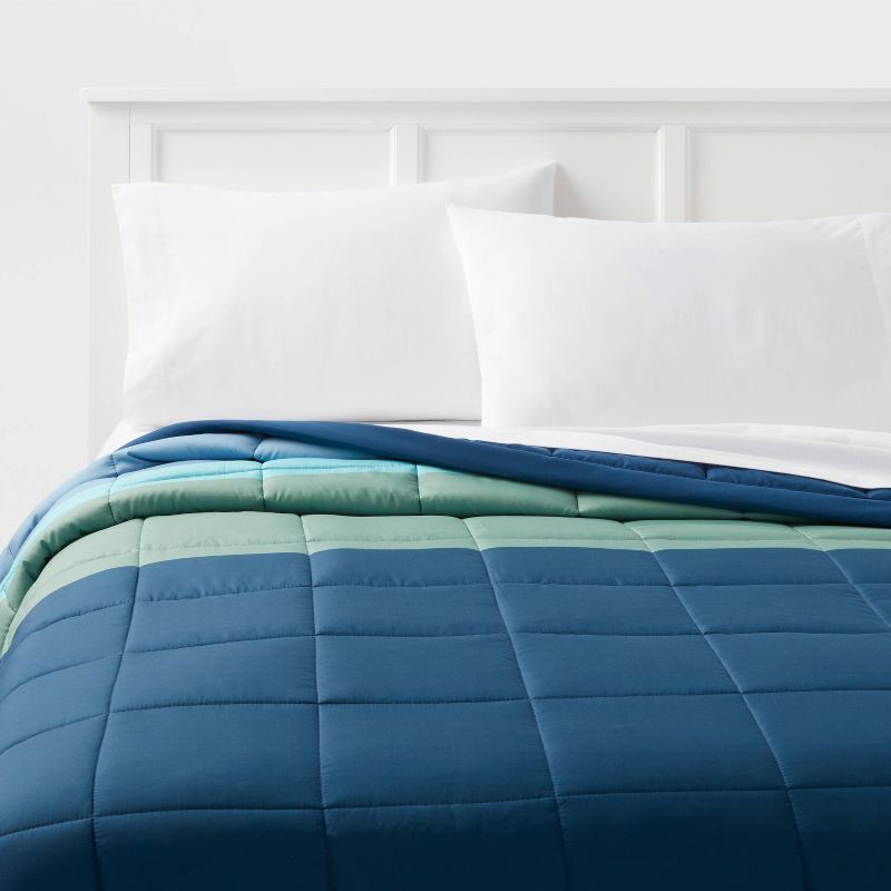 slide 2 of 4, Twin/Twin Extra Long Down Alt Blanket Blue Colorblock - Room Essentials™: Reversible, Woven, 180 Thread Count, 1 ct