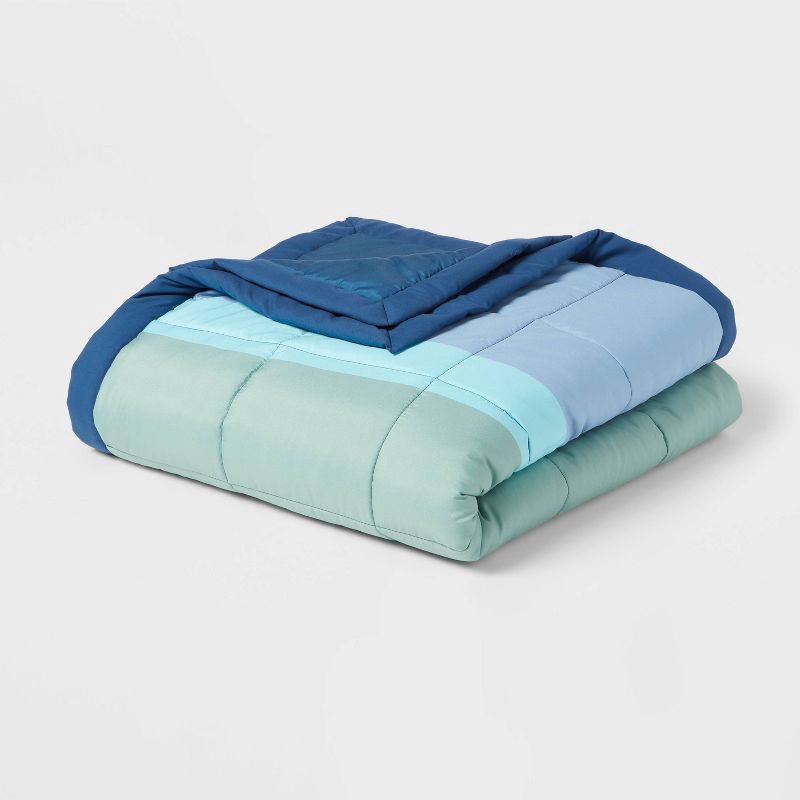 slide 1 of 4, Twin/Twin Extra Long Down Alt Blanket Blue Colorblock - Room Essentials™: Reversible, Woven, 180 Thread Count, 1 ct