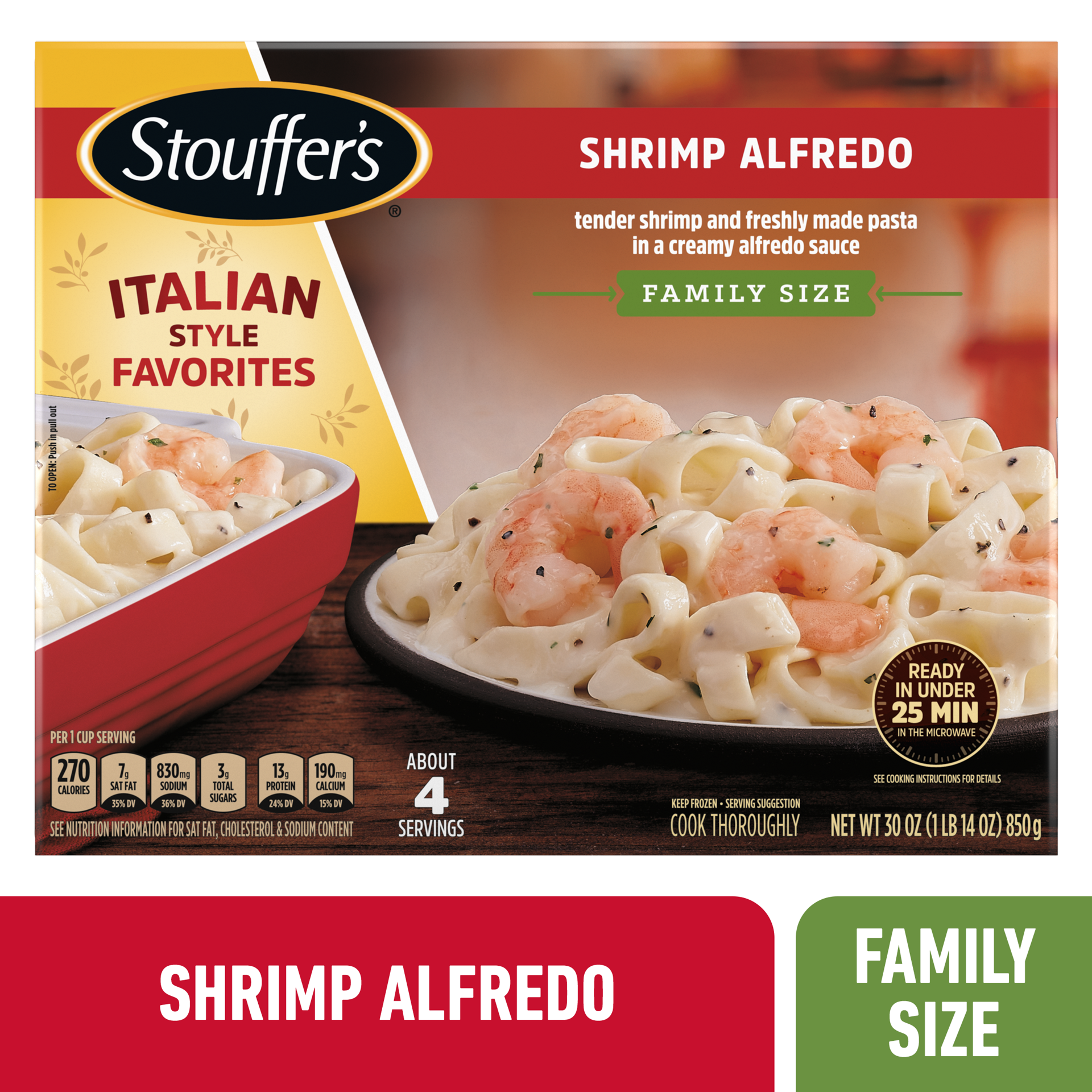 slide 1 of 14, Stouffer's Family Size Shrimp Alfredo Frozen Meal, 30 oz