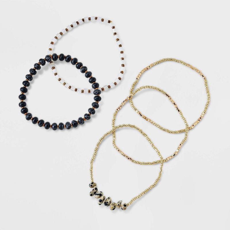 slide 3 of 4, Mixed Semi-Precious Black Howlite Cylinder Beaded Bracelet Set 5pc - Universal Thread™ Gold/Black: Glass, Brass, Acrylic, 5 ct