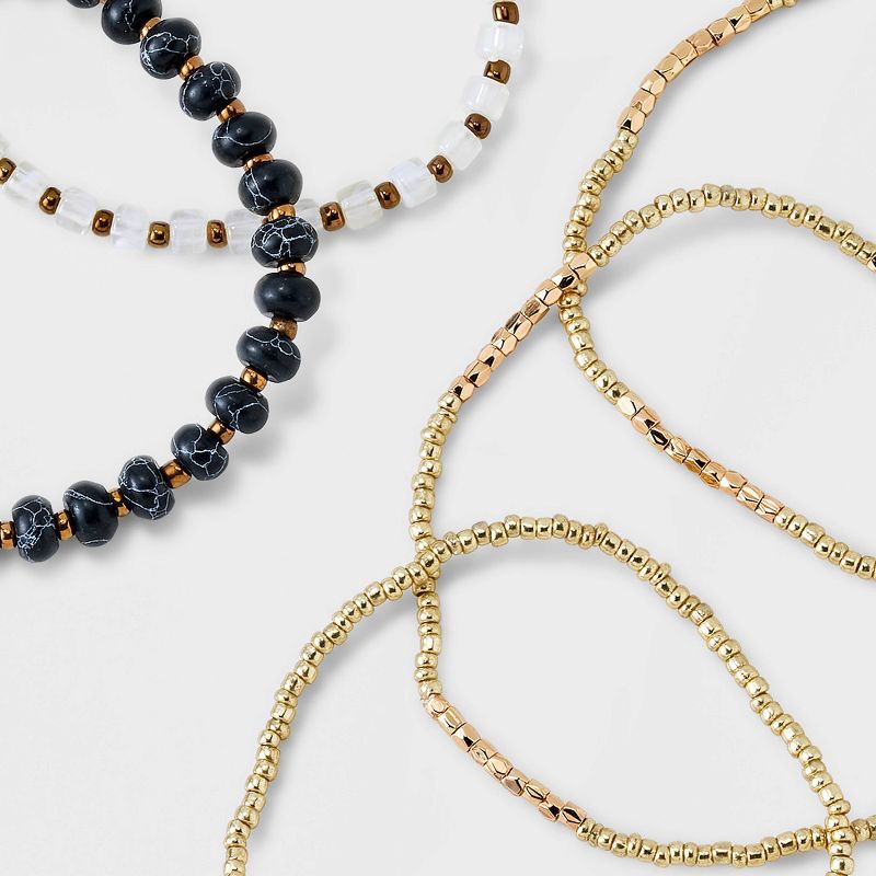 slide 4 of 4, Mixed Semi-Precious Black Howlite Cylinder Beaded Bracelet Set 5pc - Universal Thread™ Gold/Black: Glass, Brass, Acrylic, 5 ct