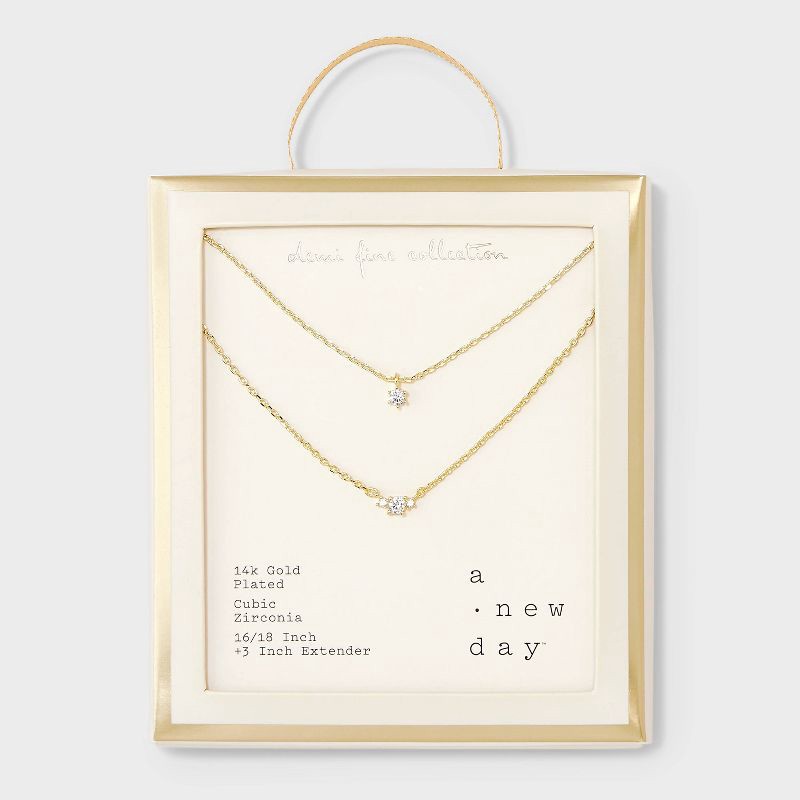 slide 1 of 4, 14k Gold Plated Triple Cubic Zirconia Layered Necklace - A New Day™ Gold: Lobster Claw Clasp, 16" Length, 1 ct