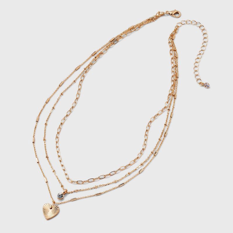slide 3 of 4, Valentine's Day Gold 3 Row With Textured Heart Necklace - A New Day™ Gold: Nickel-Free Multi-Strand Jewelry, 1 ct