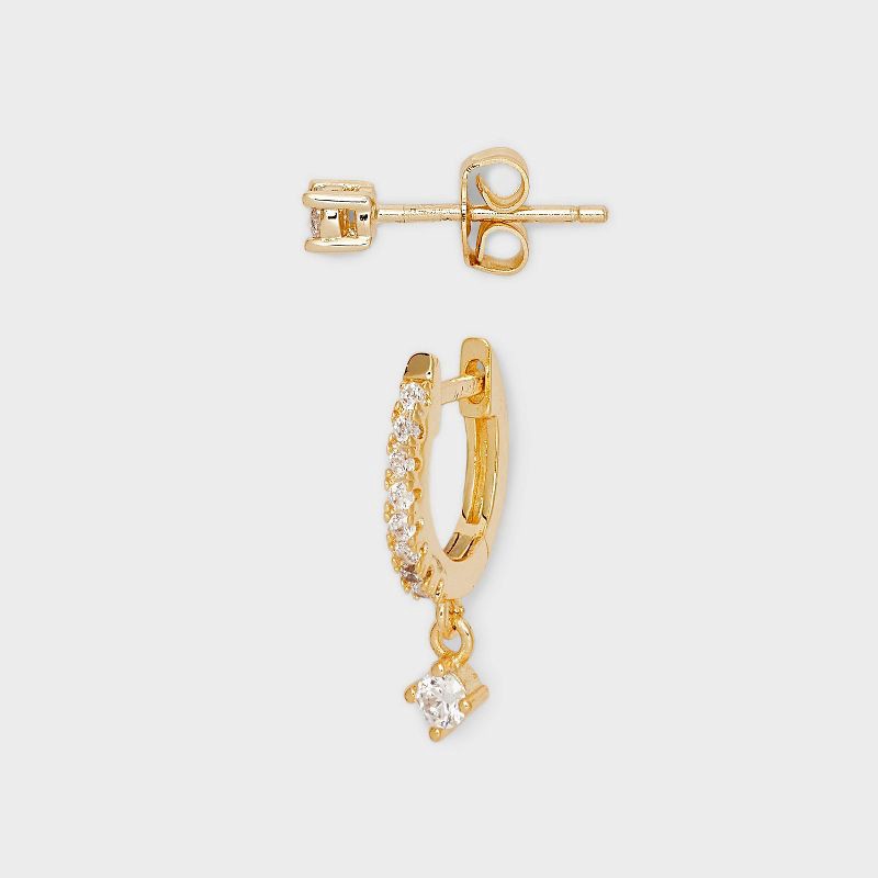 slide 2 of 2, 14k Gold Plated Cubic Zirconia Studs Hoop Earring Set 2pc - A New Day™ Gold: Nickel-Free, 14K Gold Over Brass, 2 ct