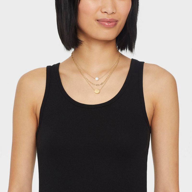 slide 2 of 4, Gold 3 Row With Pearl & Coin Necklace - A New Day™ Gold: Multi-Strand, Nickel-Free Metal, Lobster Claw Clasp, 16" Length, 1 ct