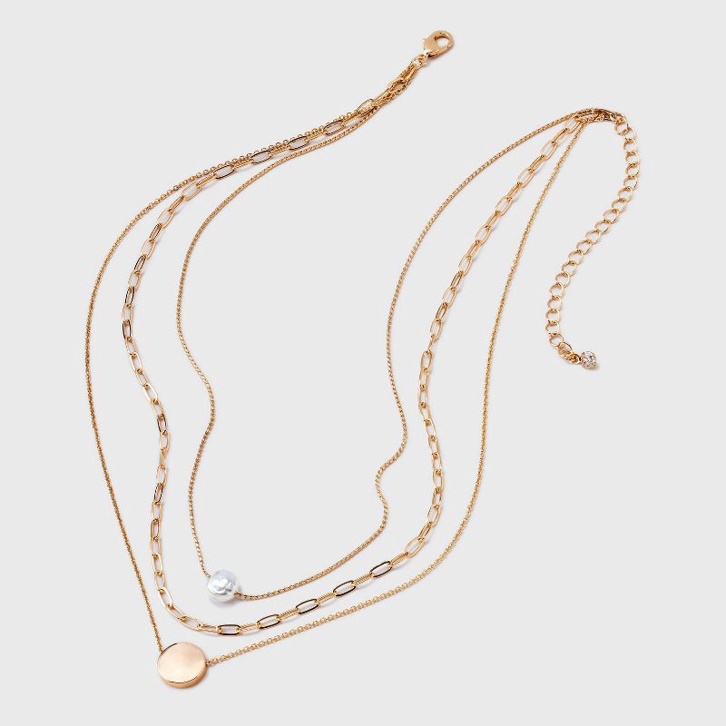 slide 3 of 4, Gold 3 Row With Pearl & Coin Necklace - A New Day™ Gold: Multi-Strand, Nickel-Free Metal, Lobster Claw Clasp, 16" Length, 1 ct