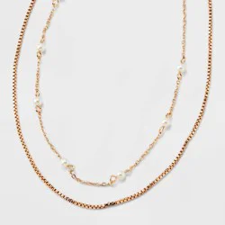 Gold 2 Row Clear Stone Pearl Ball Necklace - A New Day™ Gold: Boxed Chain, Lobster Claw Clasp, 17" Length, 3" Extender