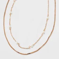 Gold 2 Row Clear Stone Pearl Ball Necklace - A New Day™ Gold: Boxed Chain, Lobster Claw Clasp, 17" Length, 3" Extender