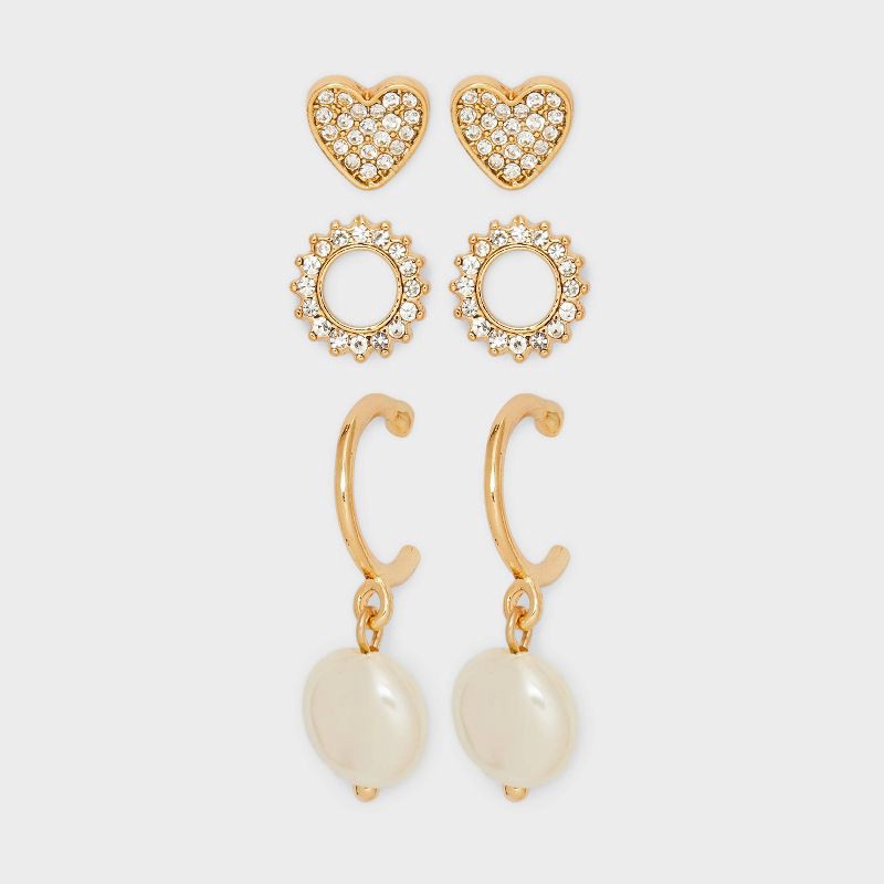 slide 1 of 2, Stud Pearl Heart Clear Stones Gold Earrings 3pc - A New Day™ Gold: Hypoallergenic Jewelry, Nickel-Free Metal, 3 ct