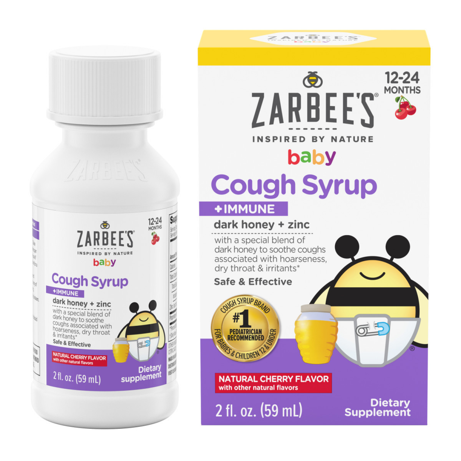 slide 3 of 5, Zarbee's Naturals Baby Cough Syrup + Immune with Honey & Zinc, Natural Cherry Flavor, 2 Fl Oz, 2 fl oz