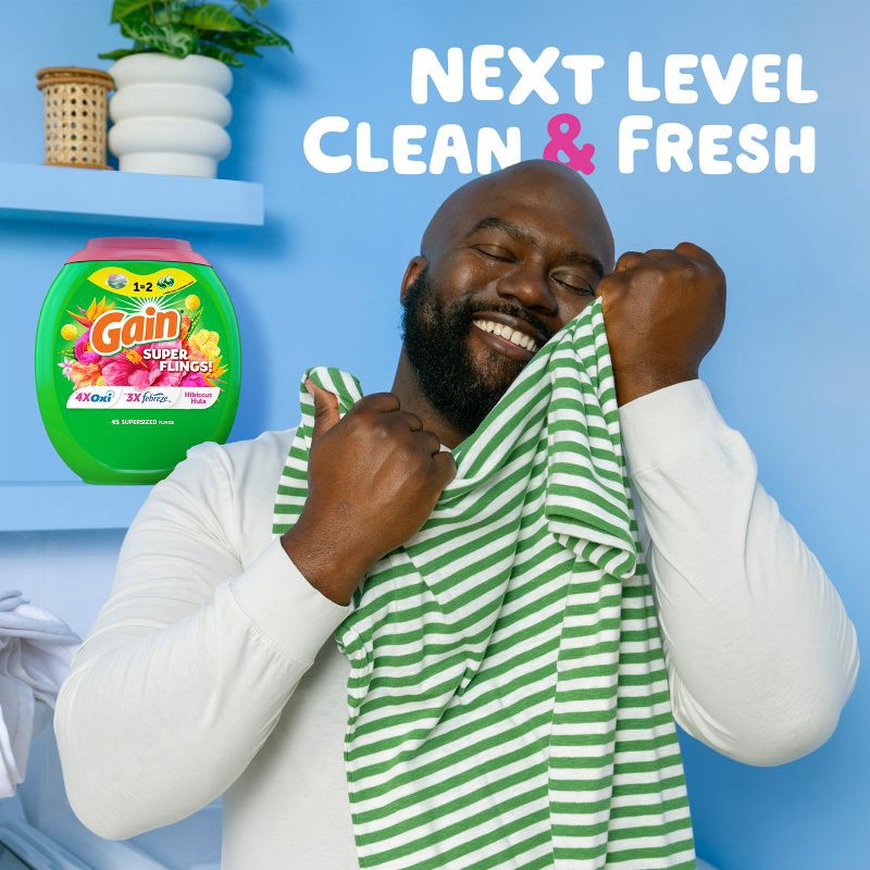 slide 4 of 10, Gain Super Flings! Hibiscus Hula HE Concentrated Laundry Detergent Pods 45 Pacs - 63oz, 45 ct