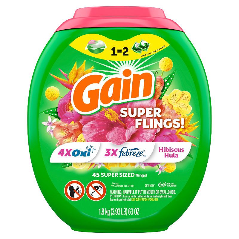 slide 9 of 10, Gain Super Flings! Hibiscus Hula HE Concentrated Laundry Detergent Pods 45 Pacs - 63oz, 45 ct