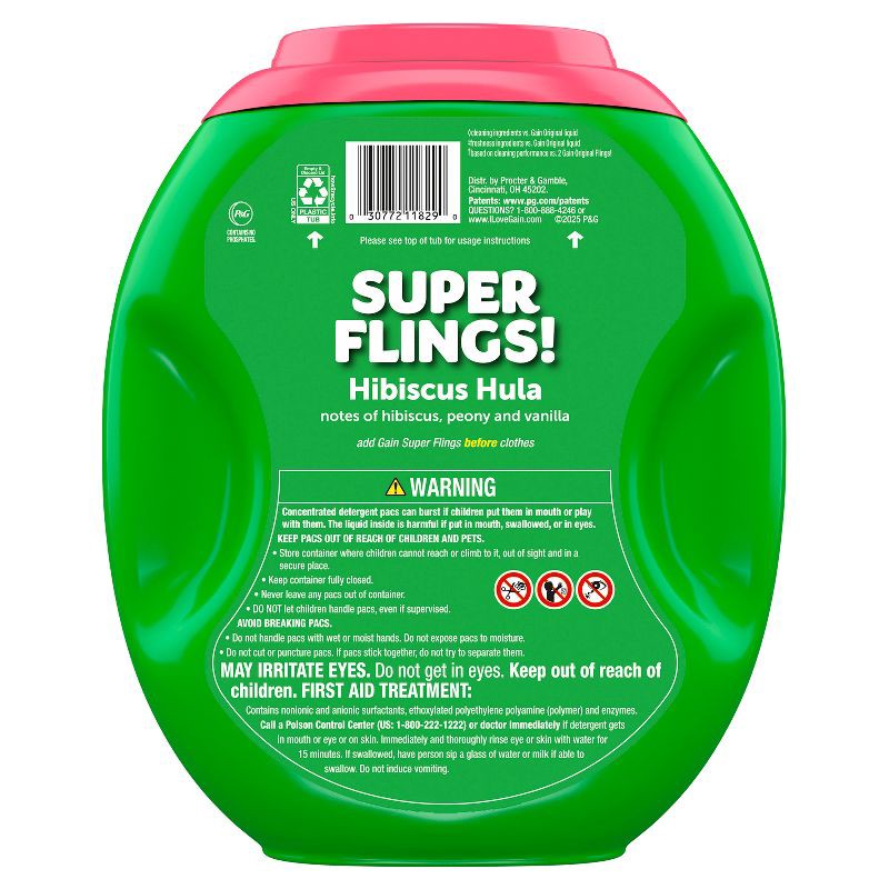slide 10 of 10, Gain Super Flings! Hibiscus Hula HE Concentrated Laundry Detergent Pods 45 Pacs - 63oz, 45 ct