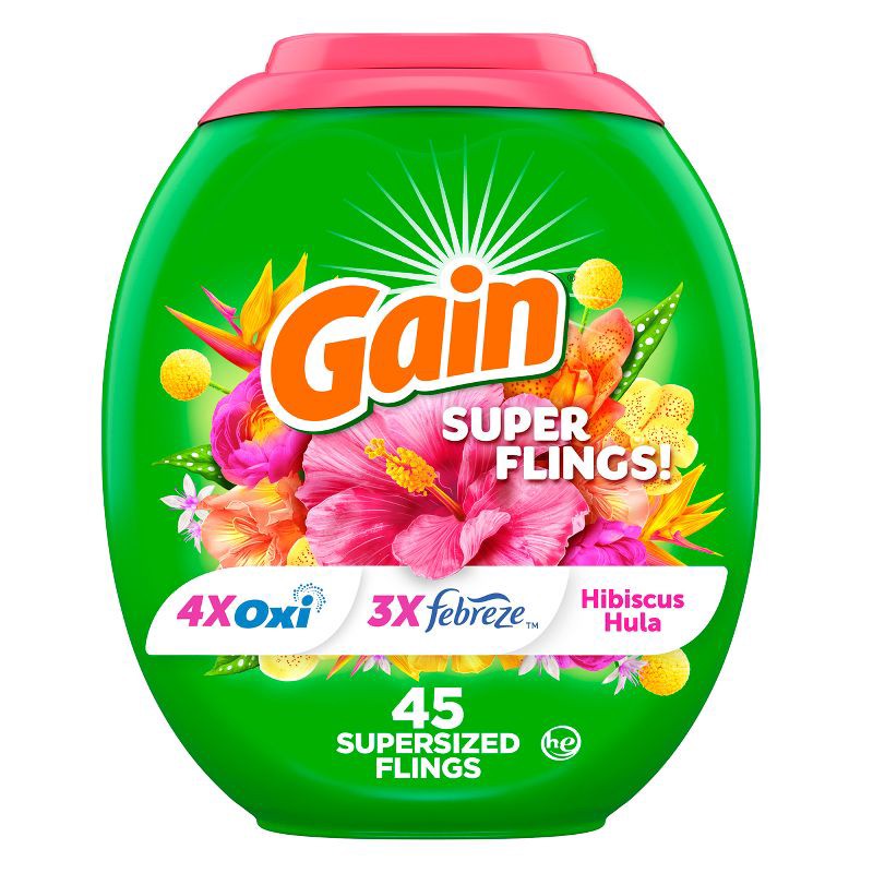 slide 1 of 10, Gain Super Flings! Hibiscus Hula HE Concentrated Laundry Detergent Pods 45 Pacs - 63oz, 45 ct