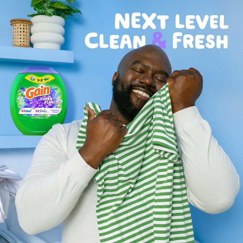 slide 6 of 11, Gain Super Flings! Dewdrop Dream HE Deep Cleaning Concentrated Laundry Detergent Pods 45 Pacs - 63oz, 45 ct