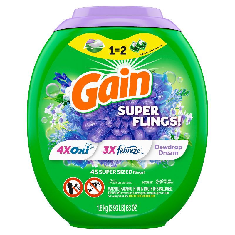 slide 10 of 11, Gain Super Flings! Dewdrop Dream HE Deep Cleaning Concentrated Laundry Detergent Pods 45 Pacs - 63oz, 45 ct