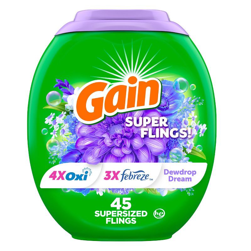 slide 1 of 11, Gain Super Flings! Dewdrop Dream HE Deep Cleaning Concentrated Laundry Detergent Pods 45 Pacs - 63oz, 45 ct