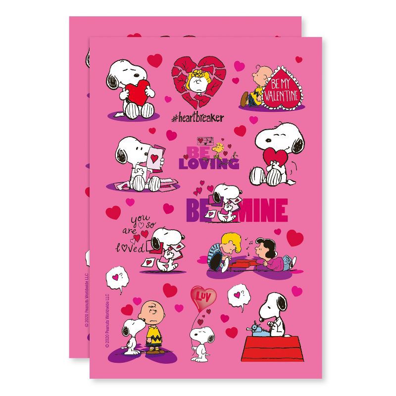 slide 2 of 5, Peanuts 50ct 2 Sheets Valentine's Day Stickers Snoopy Charlie Brown Woodstock Sally Lucy Schroeder, 50 ct, 2 sheets