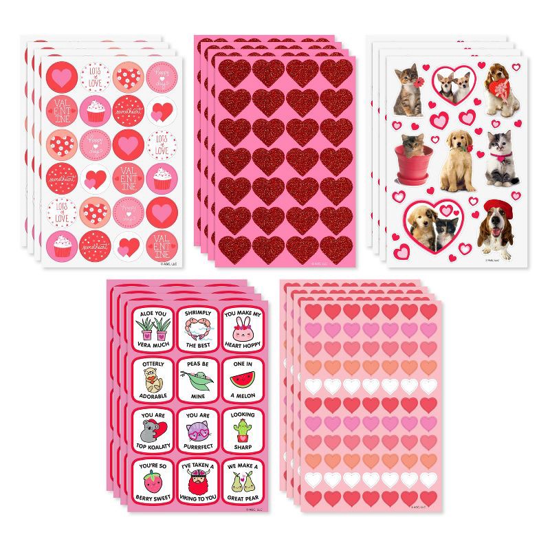 slide 2 of 6, American Greetings 688ct 20 Sheets Valentine's Day Stickers Bulk Variety Pack Dessert Hearts Pins Cats and Dogs, 688 ct, 20 sheets