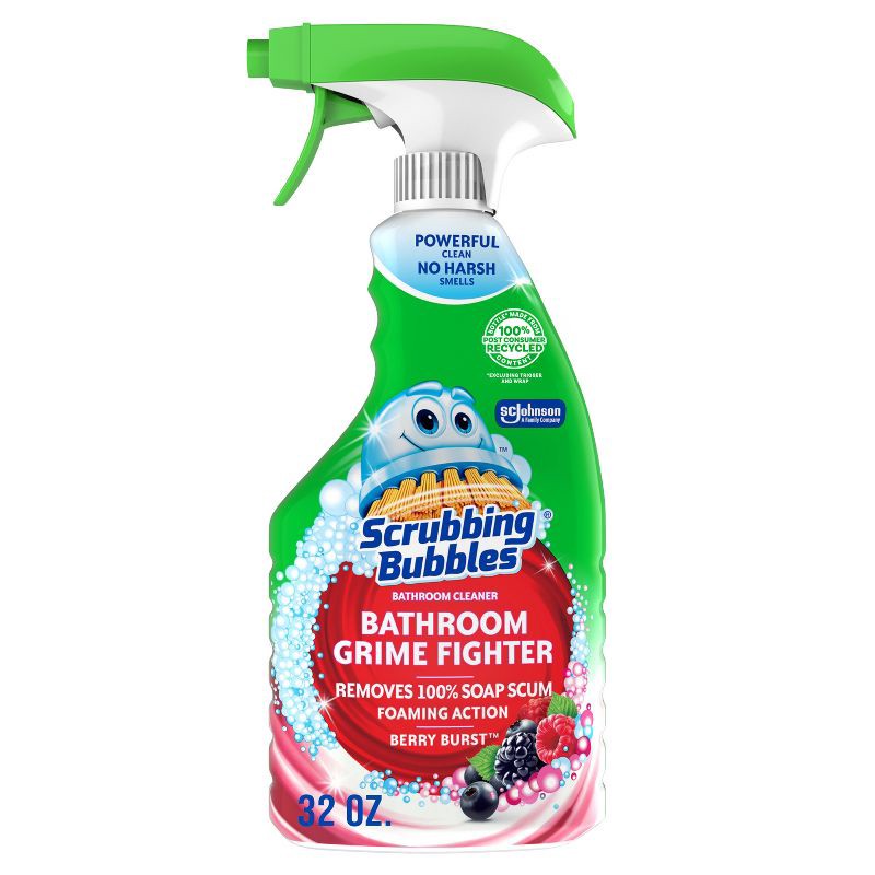 slide 1 of 7, Scrubbing Bubbles Bathroom Cleaner Spray Grime Fighter - Berry Burst - 32oz: Foam, Multi-Surface Application, Removes Limescale, 32 oz