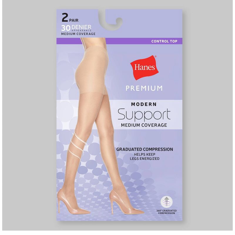 slide 3 of 3, Hanes 2pk Graduated Sheer Compression Tights - Nude M: Nylon & Spandex Hosiery, High Waisted, Sheer Toe, Control Top, 2 ct