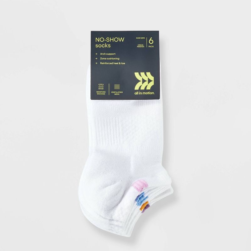 slide 3 of 3, Women's 6pk Structure No Show Socks - All In Motion™ White 4-10: Midweight Knit, Arch Support, Reinforced Heel & Toe, 6 ct