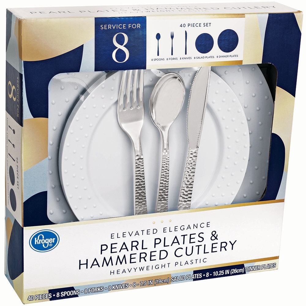 slide 1 of 1, Kroger Heavyweight Plastic Pearl Plates & Hammered Cutlery Set, 40 ct