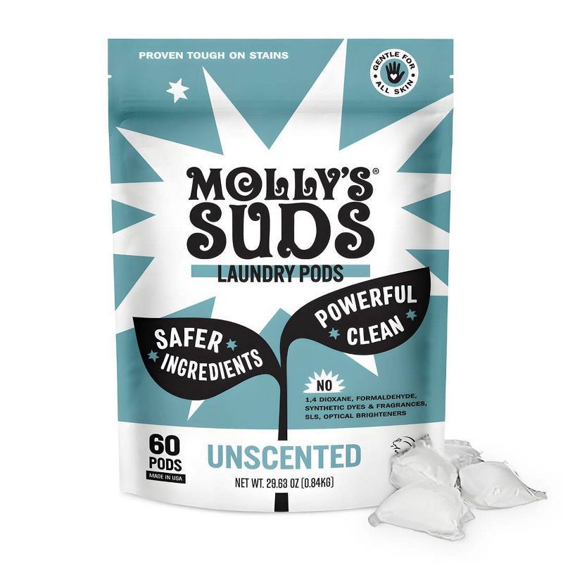 slide 1 of 1, Molly's Suds Unscented HE Deep Cleaning Laundry Detergent Pods 60 Pacs - 29.63oz: Resealable Bag, Dye-Free, Phosphate-Free, Vegan, 29.63 oz