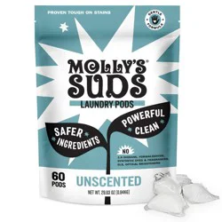 Molly's Suds Unscented HE Deep Cleaning Laundry Detergent Pods 60 Pacs - 29.63oz: Resealable Bag, Dye-Free, Phosphate-Free, Vegan
