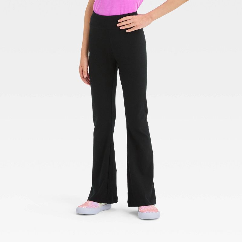 slide 1 of 3, Girls' Flare Leggings - Cat & Jack™ Black S: High Rise, Elastic Waist, Jersey Fabric, 1 ct