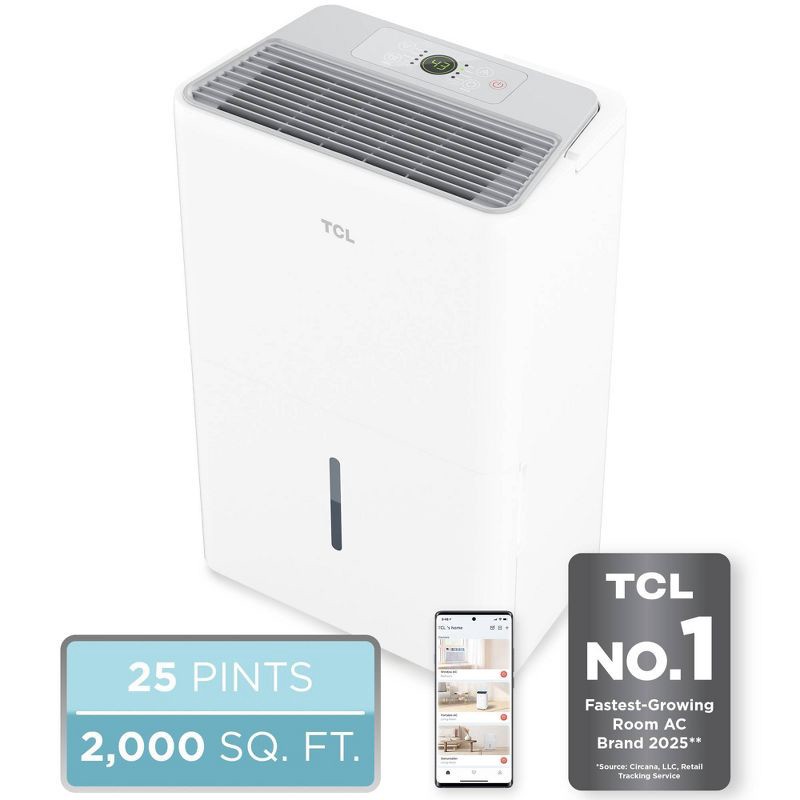 slide 1 of 16, TCL 2000sqft Smart Dehumidifier Energy Star Most Efficient 2024 25 Pints Per Day (H25D44W): Basement & Room Use, 3 Settings, 25 pint