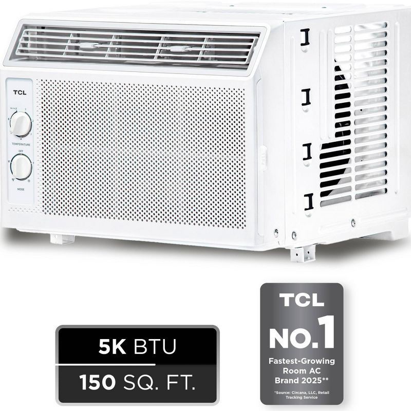 slide 1 of 14, TCL 5000 BTU Window Air Conditioner 150sf.ft Reusable Filter Compact Design (H5W33M): 2 Speeds, 115V, 6ft Cord, 6 ft