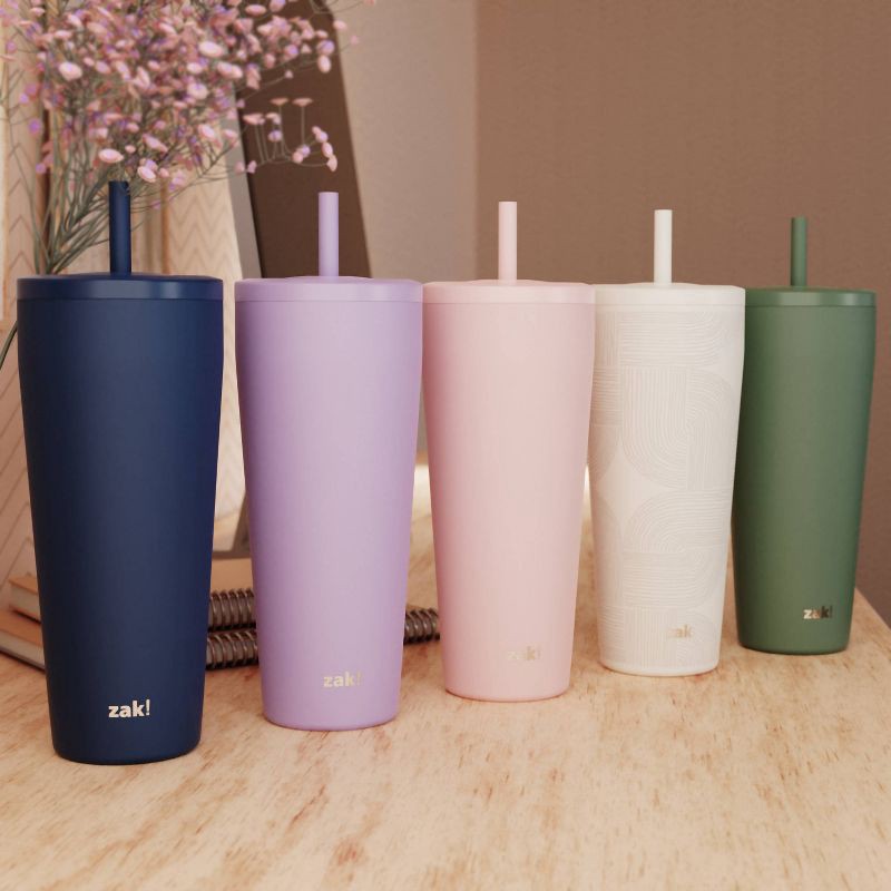 slide 5 of 5, Zak Designs 30 fl oz Stainless Steel Lines Straw Tumbler Cream: Dishwasher-Safe Portable Drinkware for Cold Beverages, 30 fl oz