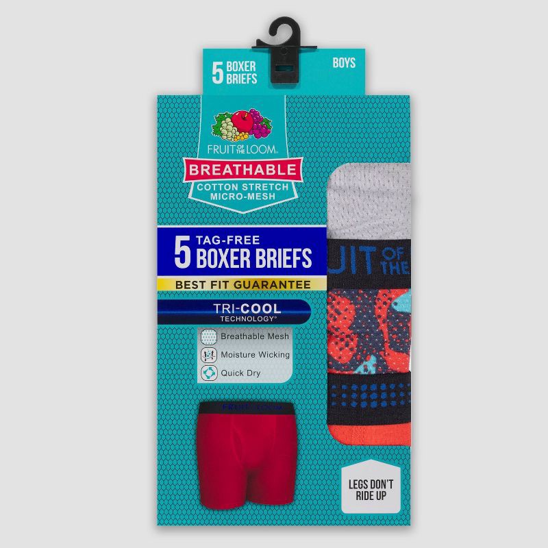 slide 2 of 3, Fruit of the Loom Boys' 5pk 'Breathable' Boxer Briefs - S: Tagless, Moisture Wicking, 4-Way Stretch, 5 ct