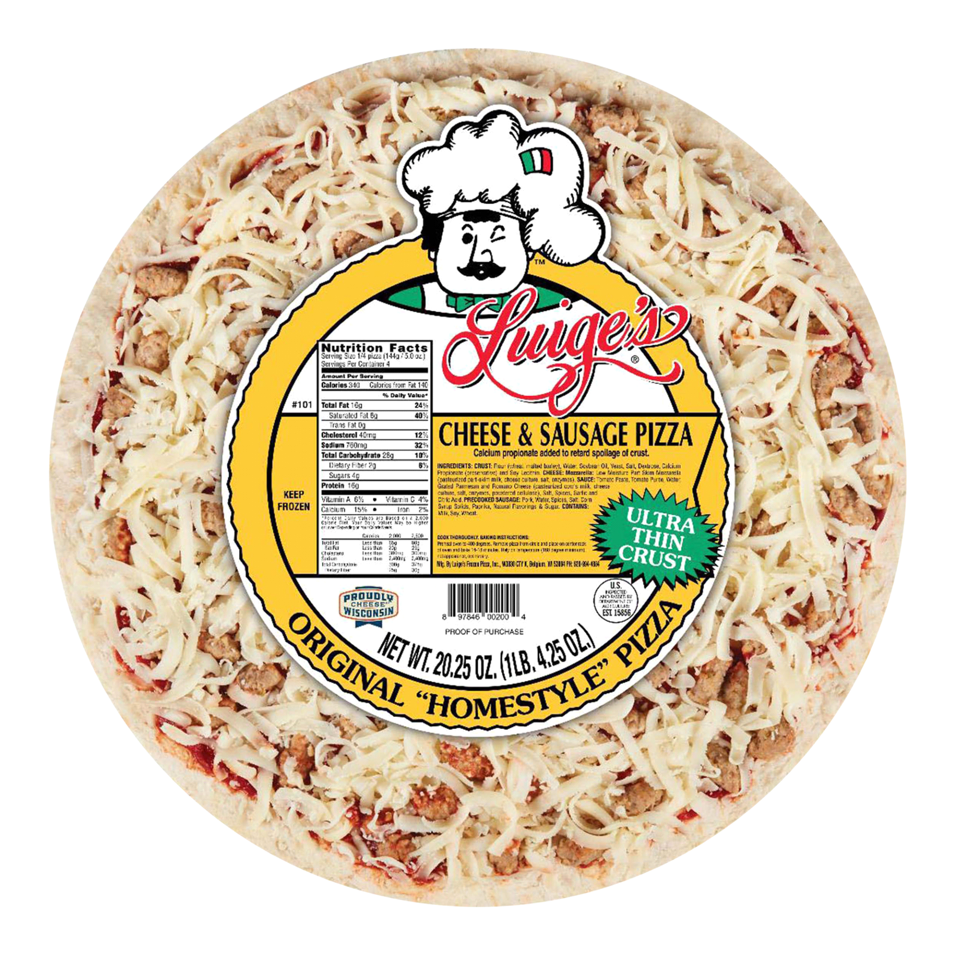 slide 1 of 1, Luige's Pizza Cheese and Sausage, 20.25 oz